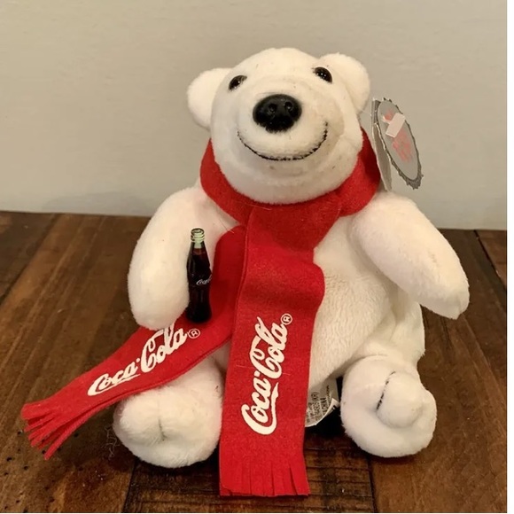 Vintage 1998 Coca-Cola Bean Bag Plush Polar Bear With Red Scarf Collectible Tags - Picture 2 of 12